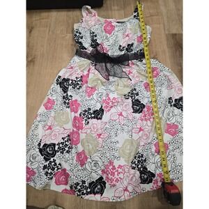 Hillard & Hanson Floral‎ A-Line Dress Size 8 Pink Black Taupe Satin Bow Pin Up